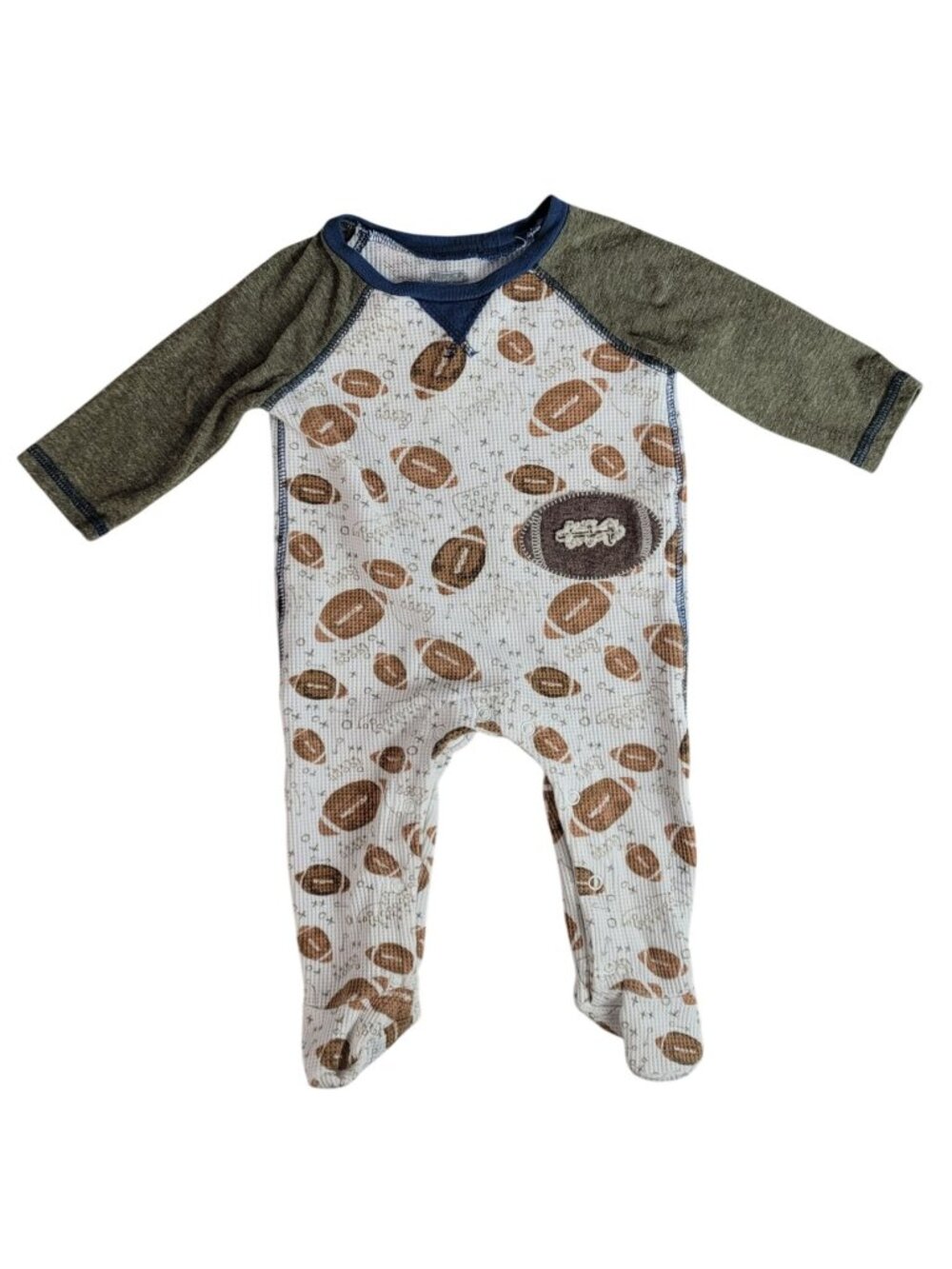Mud Pie Football Sleeper Cream 3-6M Footed Long Sleeve Snap One Piece Waffle